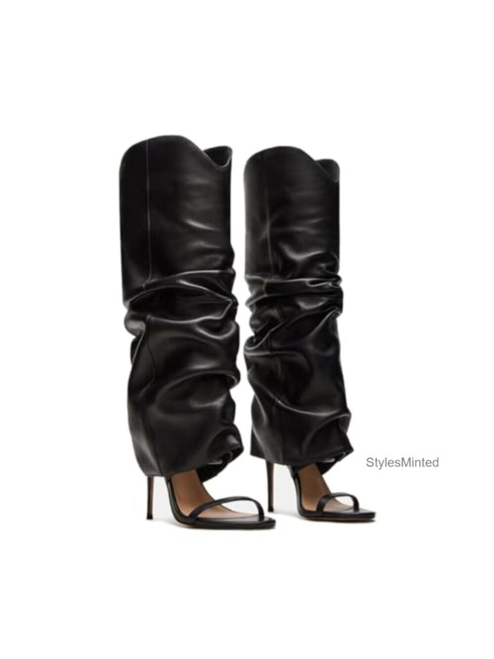 Slouchy Knee High Boots Open Toe Stiletto Heel Pull On PU